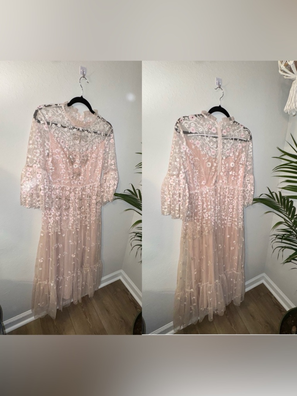 Sheer Floral Lace Midi Dress in Blush Pink